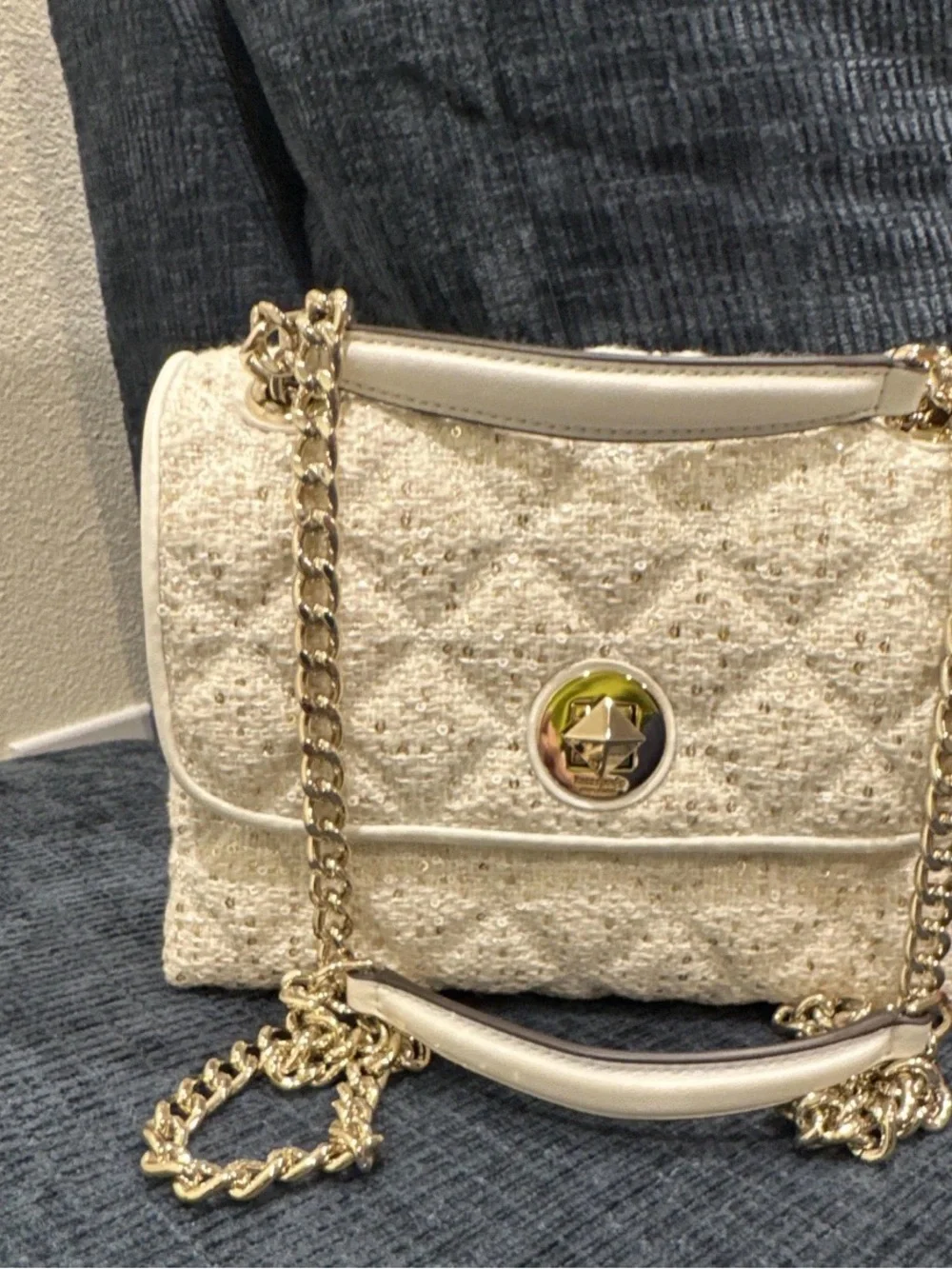 kate spade Cream Tweed Shoulder Bag with Gold Chain